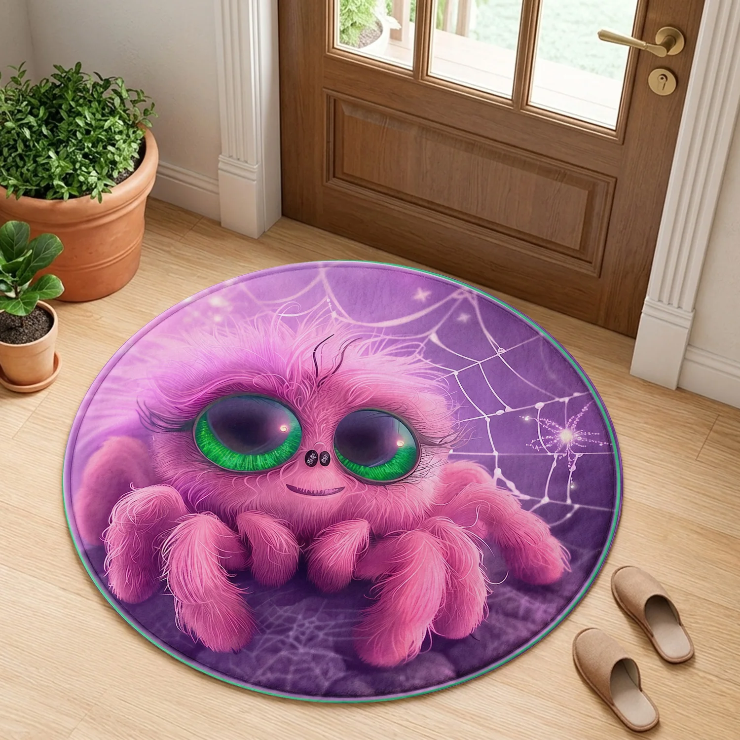Cute Fluffy Spider Green Eyes Cobweb Purple Background Pattern Holiday Luxury Round Mat Elegant Area Rug Home Decor