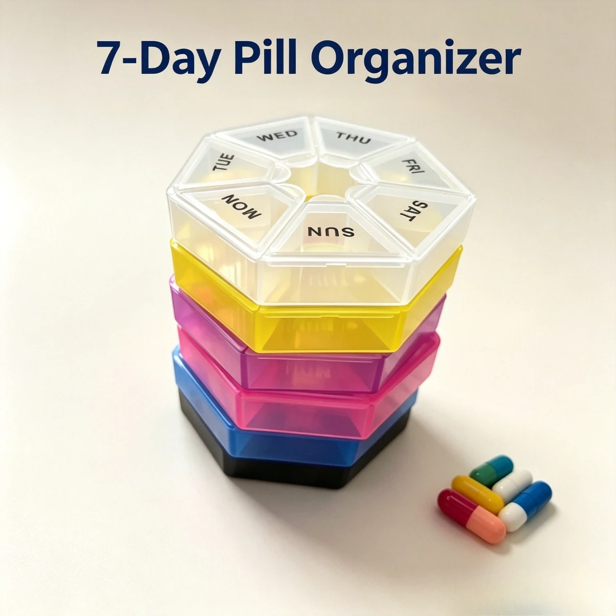 6‑Pack Pill Organizer, Random 6 Colors out of 9, 7‑Day Pocket‑Size Travel Medicine & Vitamin Storage Case, Home Storage Box