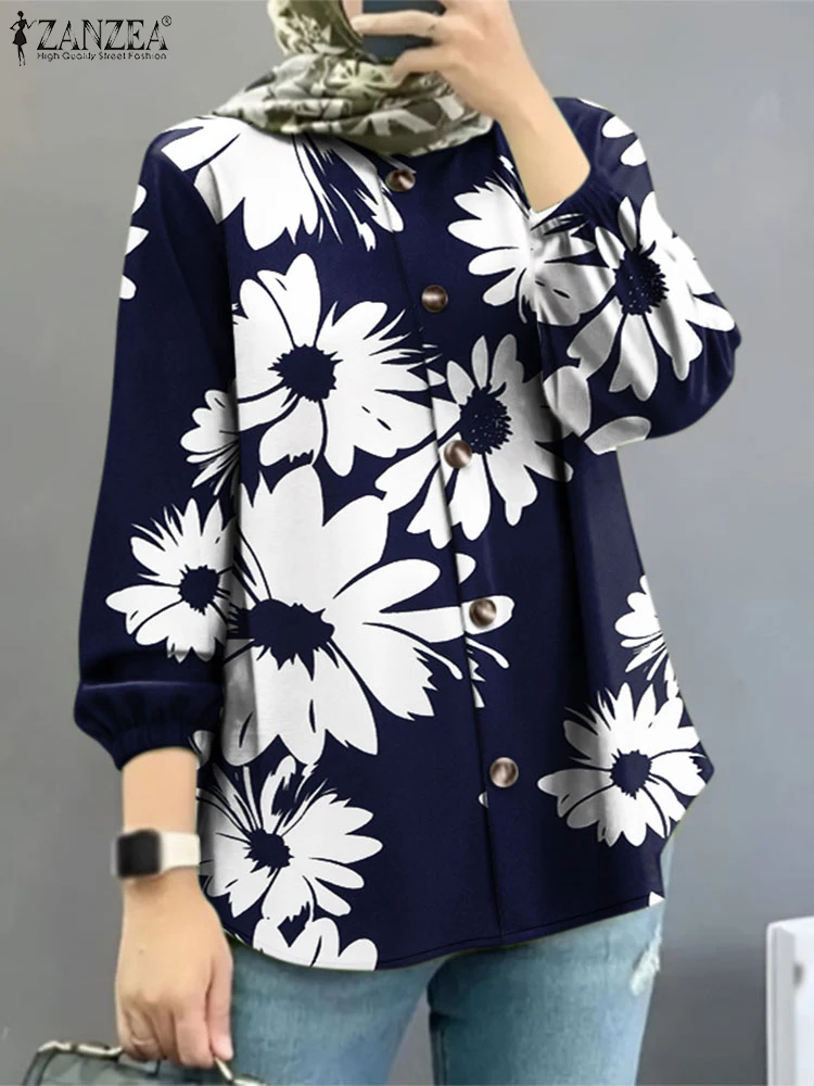 ZANZEA Vrouwen Bloemen Gedrukt Blouses Casual Button Up O Hals Islamitische Hijab Tuniek Tops Lange Mouw Moslim Mode Vakantie Shirts