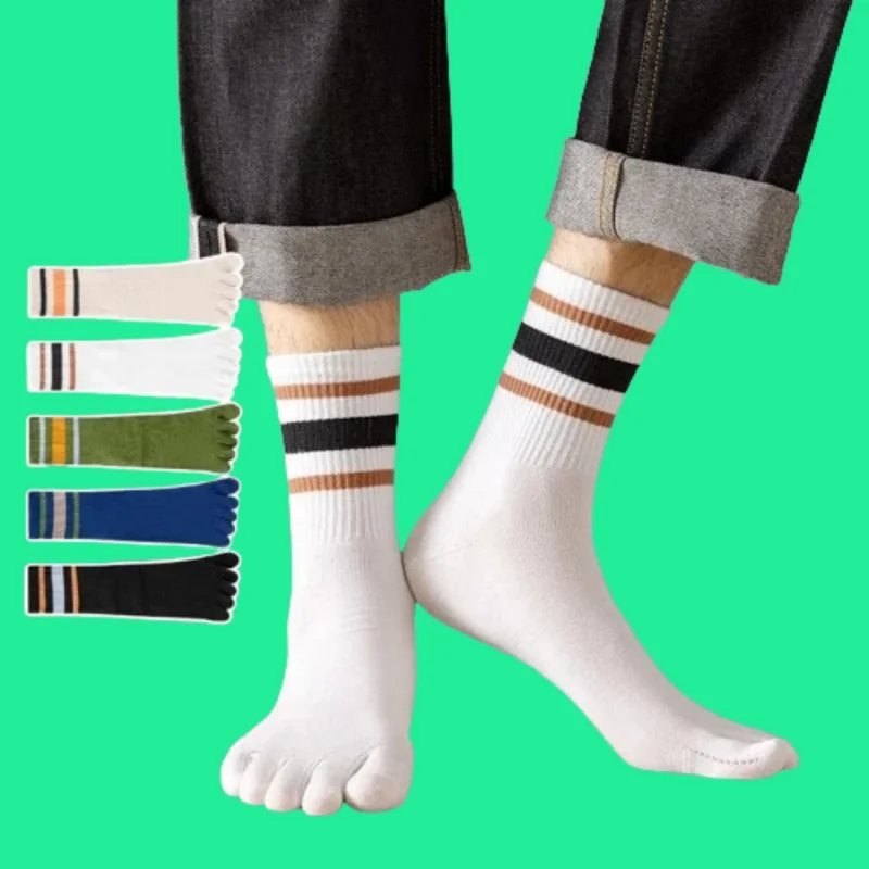 

5/10 Pairs Sweat-Absorbing Breathable Mid Tube Stripe Split Toe Sports High Quality New Five Fingers Men's Socks Sports Socks