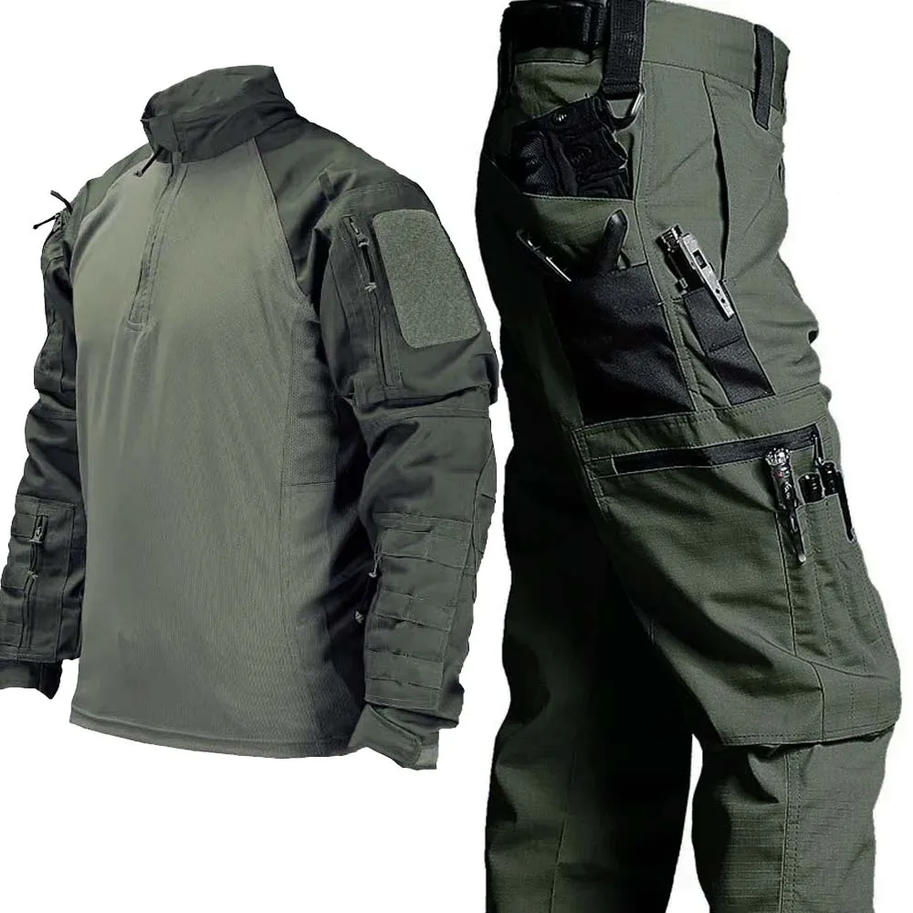 

Тактические рубашки, мужские комплекты, уличная дышащая футболка + водонепроницаемые брюки, боевые костюмы, камуфляжный комплект-карго с несколькими карманами, водонепроницаемый