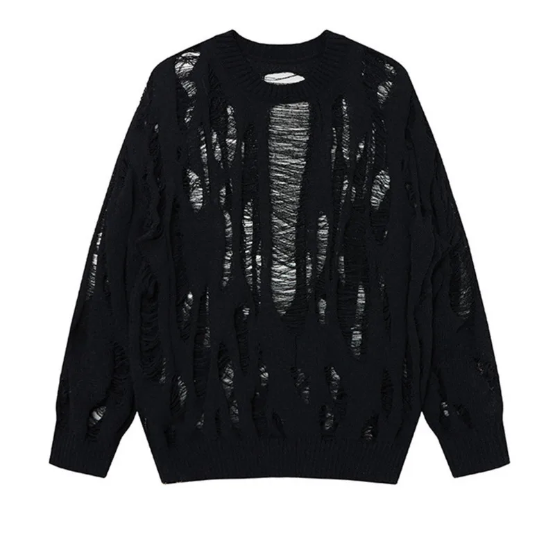 Trendy merk luie stijl licht transparante gebreide trui met lange mouwen, gescheurde gaten en losse trui met haakbloemen