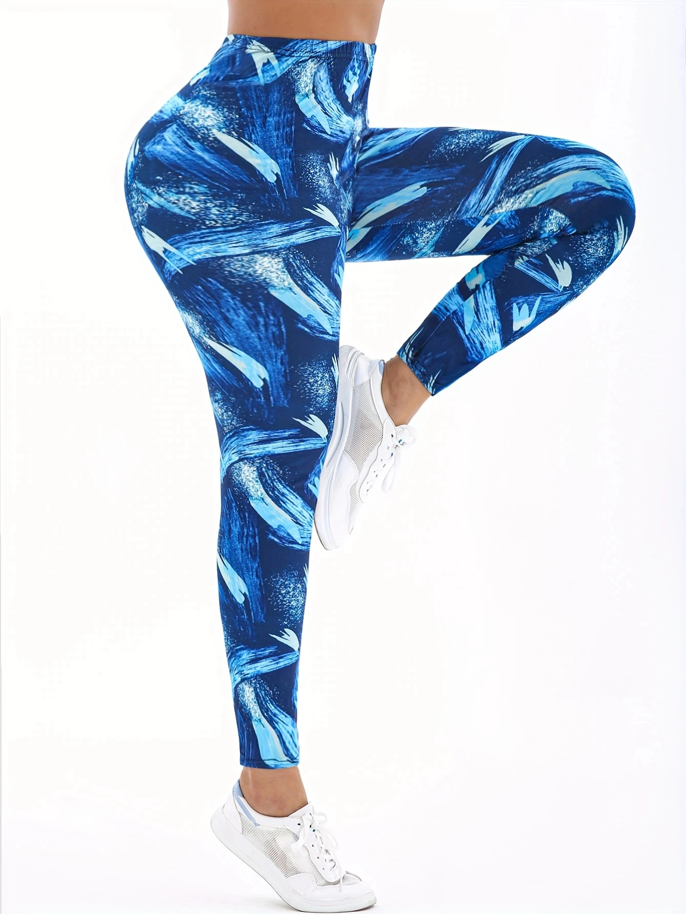 기하학적 캐주얼 타이트 핏 여성 바지, 블루 화이트 팬텀 프린트, 건강한 키에 적합한 스트레칭, 러닝 스포츠 운동