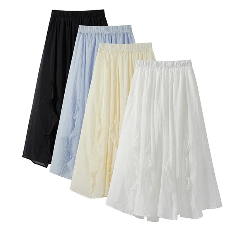 

Women's Elegant A- Line Skirt Summer 2025 New Elastic High Waist Lotus Leaf Edge Decoration Solid Color Skirts