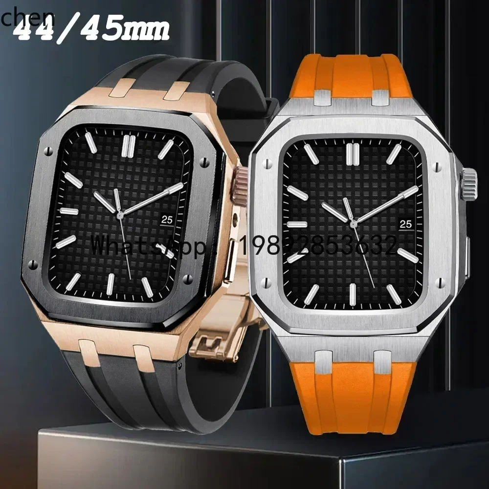 

ZZ 45mm 44mm Metal Case+Silicone Band For Apple Watch Series SE/6/5/4 Rubber Bracelet Luxury Stainless Steel Modification Kit