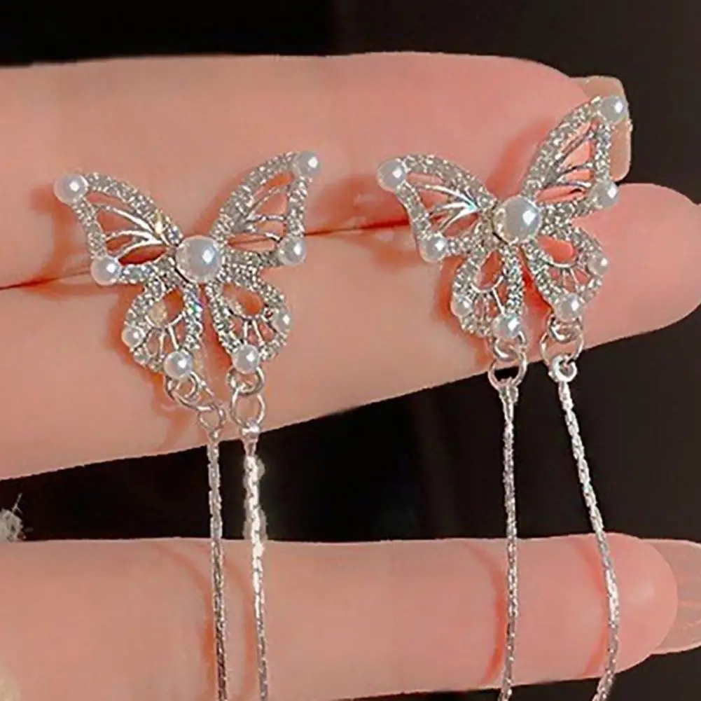 Neck Lengthening Earrings Long Tassel Earrings for Women Imitation Pearl Butterfly Studs with Rhinestones Face Jewelry for Women