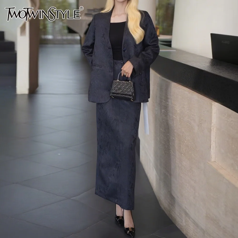 

TWOTWINSTYLE Solid Printing Two Piece Sets for Women V Neck Long Sleeves Blazer High Waist Skirt Temperament Set Female Clothing