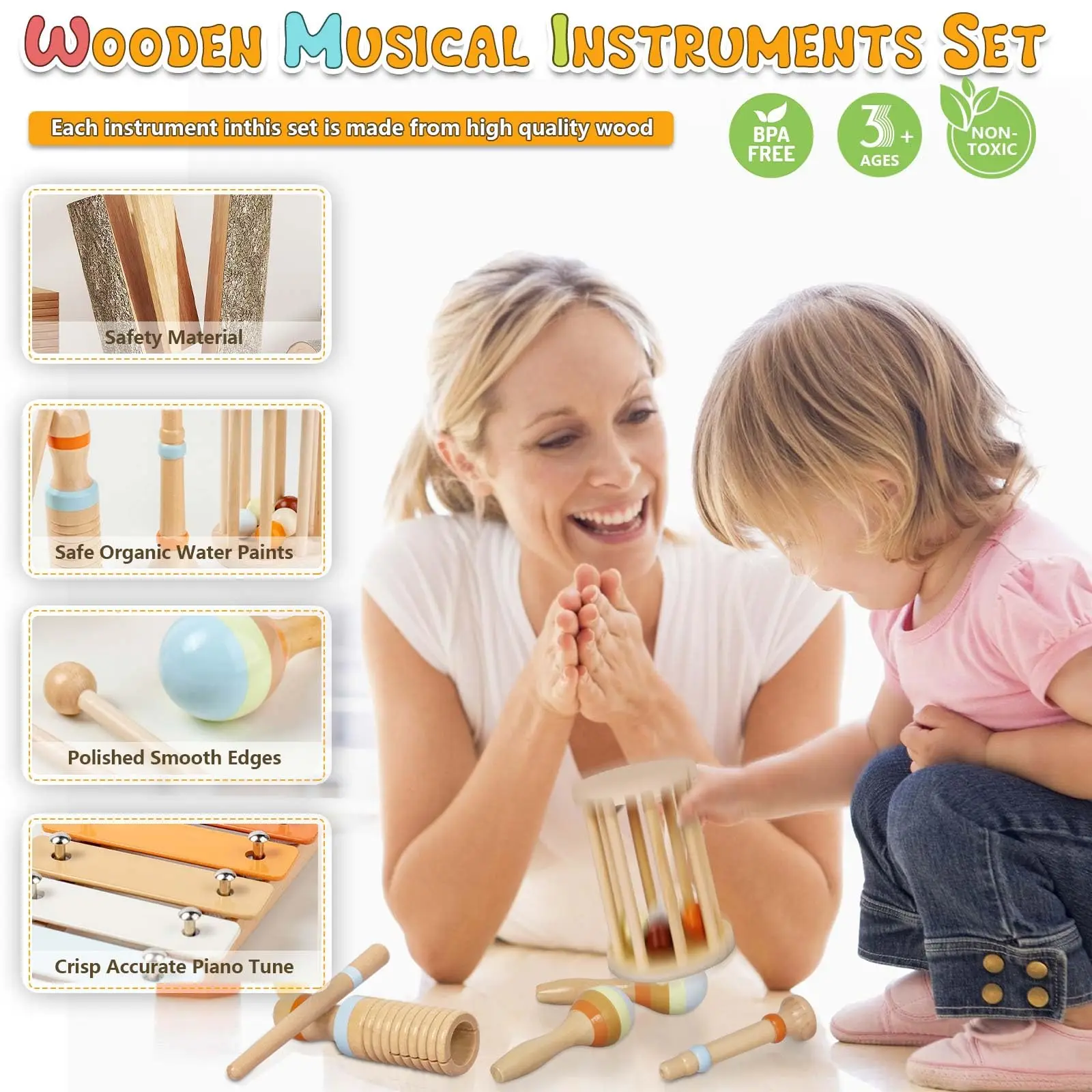 7Pcs Kleinkind Musical Instruments Montessori Holz Percussion Spielzeug Baby Frühen Vorschule Lernen Musik Xylophon Geschenk Spielzeug