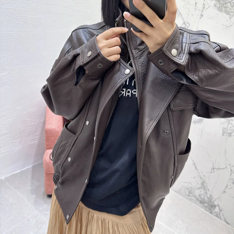 Lussuoso cappotto di pelle di pecora da donna Autunno Inverno 2025 Moda fibbia a doppia fila in vera pelle naturale vestibilità ampia