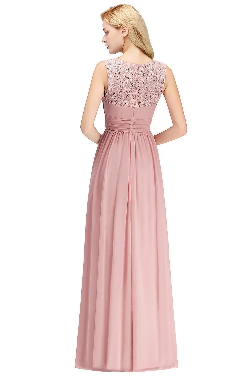 Prom Dresses Dusty Pink Scoop Neckline A-line Ankle-length Evening Dresses Lace Zipper Up Chiffon Sleeveless Wedding Party Dress