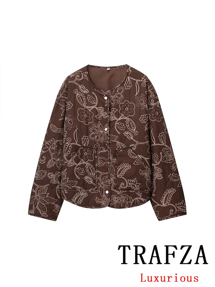 

TRAFZA Vintage Casual Chic Women Jackets Print O-Neck Single Breasted Long Sleeve Loose Coats Fashion 2025 Autumn Holiday Coats