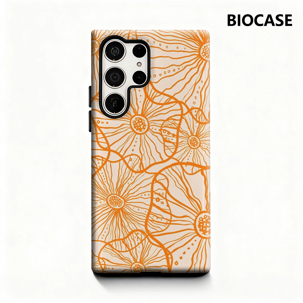 Custodia per telefono floreale arancione per Samsung Galaxy S25 Ultra S24 S23 Ultra Plus Cover posteriore lucida a doppio strato