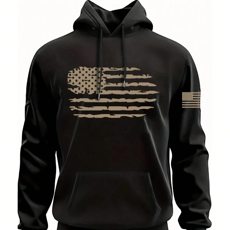 

USA flag Print Autumn winter models Men's Fleece windproof Warm Cotton Oversized Hoodie Outdoor Commuter Men's High Elastic Top