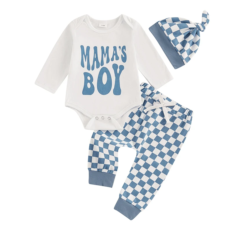 Baby Boys 3PCS Outfit Sets Long Sleeve Letter Print Romper Checkerboard Print Pants Hat Sets