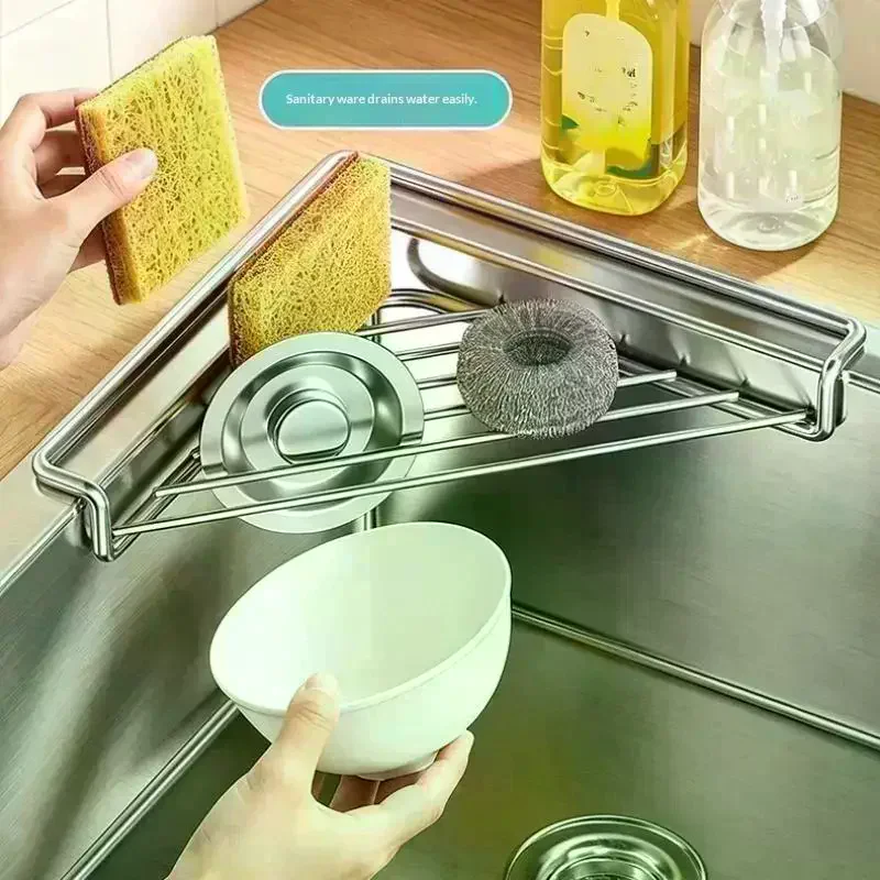 Sink Drain Rack Stainless Steel Sink Caddy Organizer Drainable Large Capacity Multifunctional Kitchen Sink Organizer Triangular
