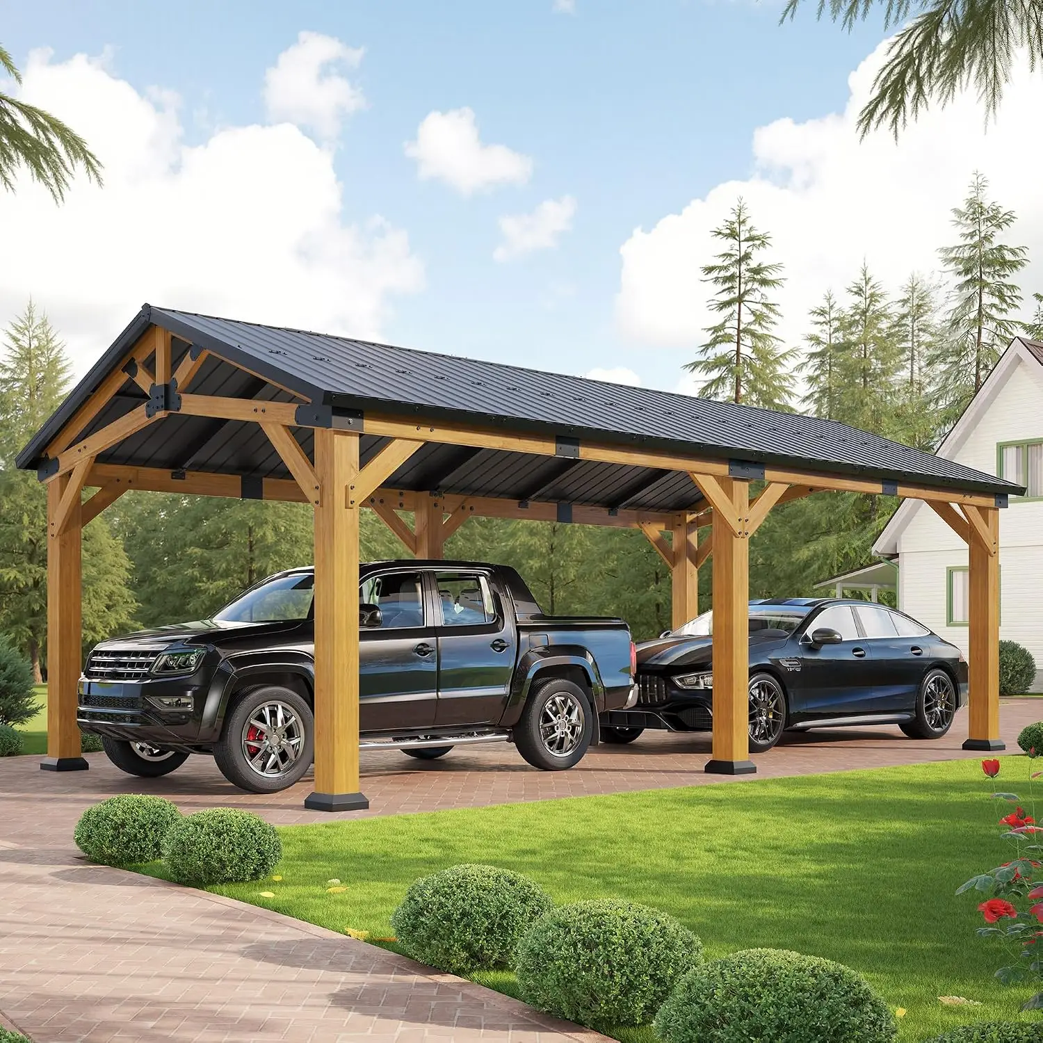 Cedar Wood Carport with Galvanized Steel Gable Roof 12x24x9.5 FT, Customized