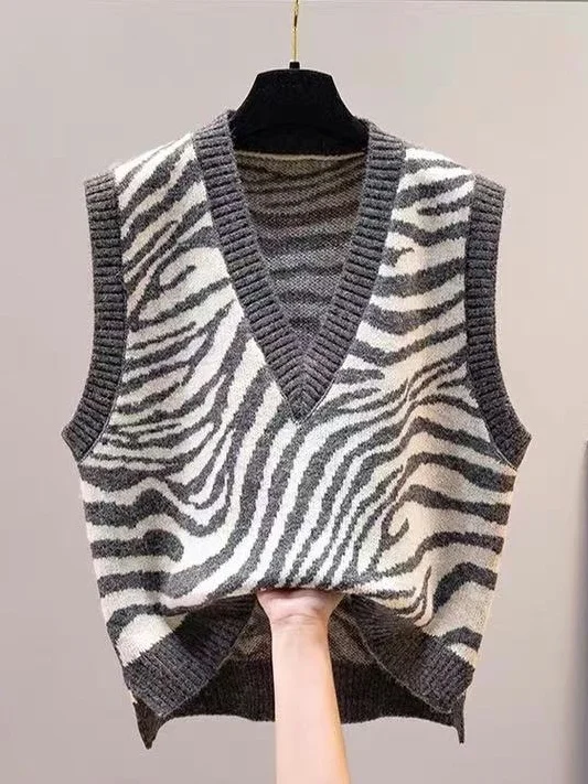 Women's Knitted Sweater Vest Autumn Outerwear Zebra Patterned V-Neck Warm Regular Fit Fleece-Lined Sleeveless Top