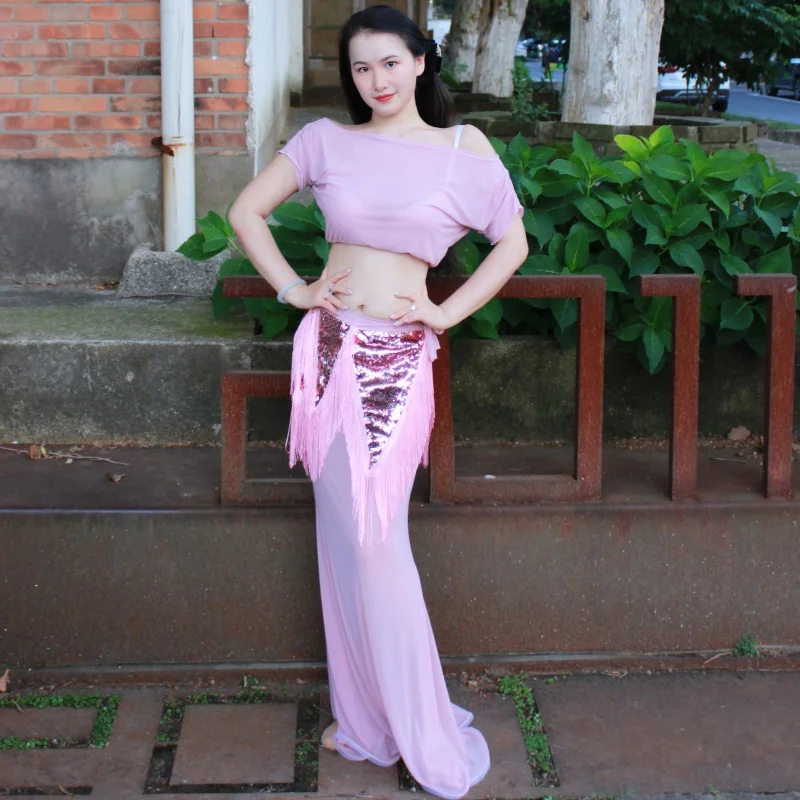 2025 traje de performance de dança do ventre top de manga curta + saia rabo de peixe sexy + lenço de quadril com borla de lantejoulas 3 peças roupas de dança oriental