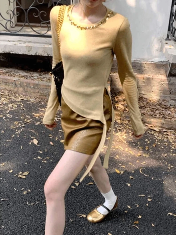 Y2k Aesthetic Irregular Bandage Women T-shirt Harajuku Glitter Decorative Grunge Tshirts Autumn Vintage Slim Fit Streetwear Tees