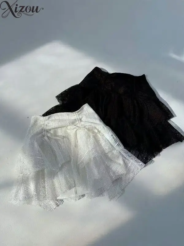 Y2K ボヘミアン レディース スカート ブラック ホワイト ハイローウエスト イレギュラー レース ショート スイート クール セクシー スパイシー ボウタイ リボン 夏 2025