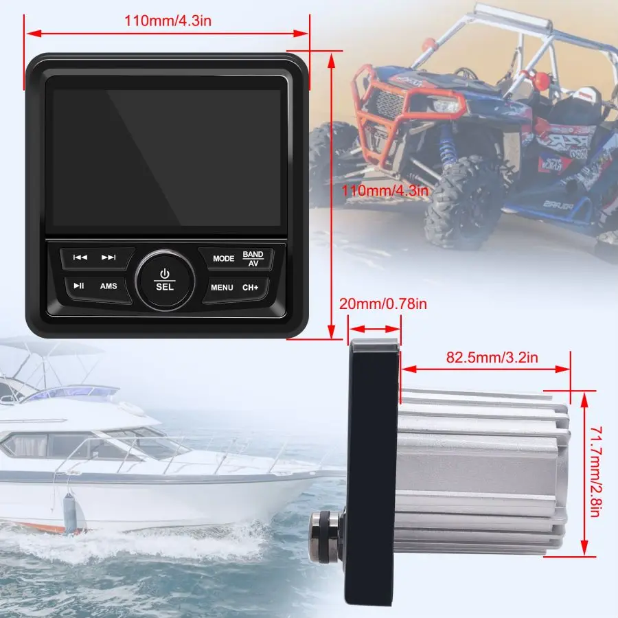 Rádio estéreo marinho impermeável com GPS, Motocicleta Audio Boat, Carro MP3 Player, Sistema de som automático, Receptor FM AM para SPA UTV AT, Novo