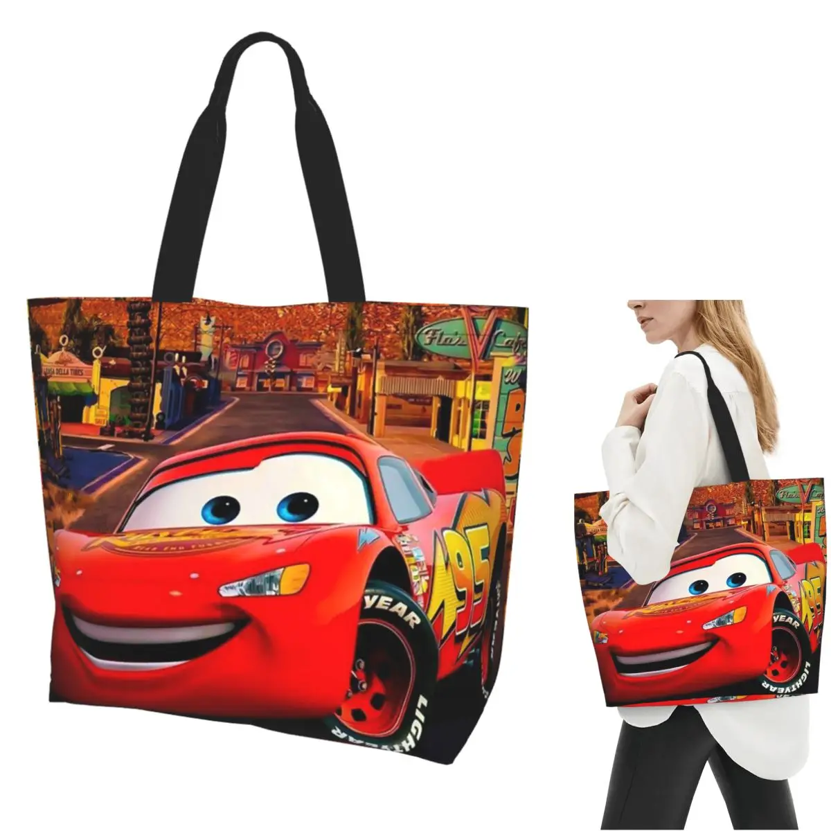 

95, сумка-тоут для покупок Lightning McQueen, парусиновая сумка на плечо большой вместимости, продуктовая сумка для покупок для женщин