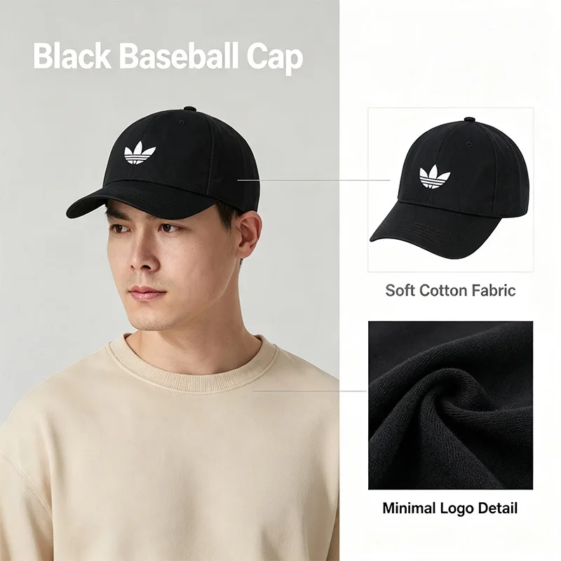 Adidas Black Baseball Cap Soft Cotton Adjustable Back Strap Minimal Logo Outdoor Sport Casual Hat Jc6023