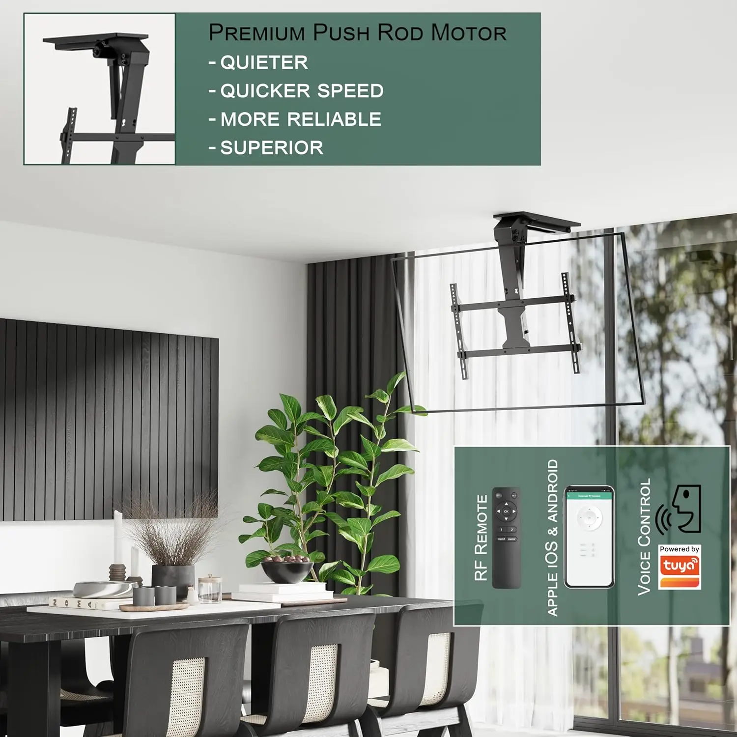 حامل سقف تلفزيون كهربائي ذكي بمحرك - حامل تلفزيون سقف قابل للطي 37-75 بوصة، بحد أقصى VESA 600x400 - يتم التحكم فيه بالصوت/التطبيق