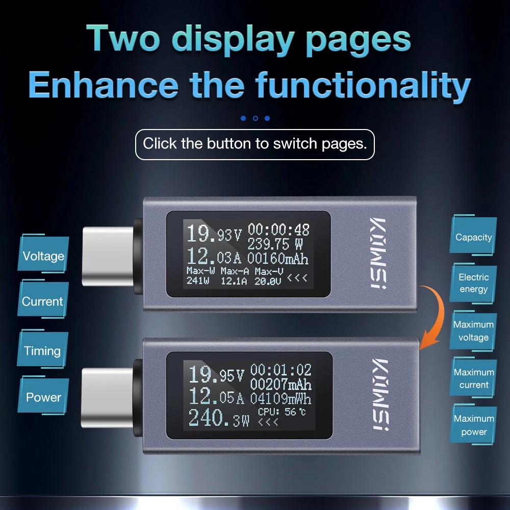 Type-C Tester LCD Digital Voltmeter Ammeter Power Meter Charging Detector for Cell Phone Power Bank KWS-2301C DC4-30V 0-12A