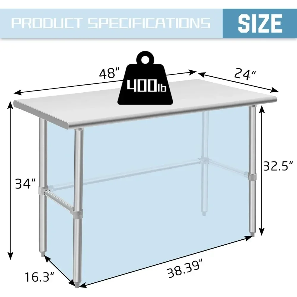 Table en acier inoxydable à base ouverte, table de préparation et de travail NSF, pieds galvanisés, usage commercial, restaurant, 24x48 amarans