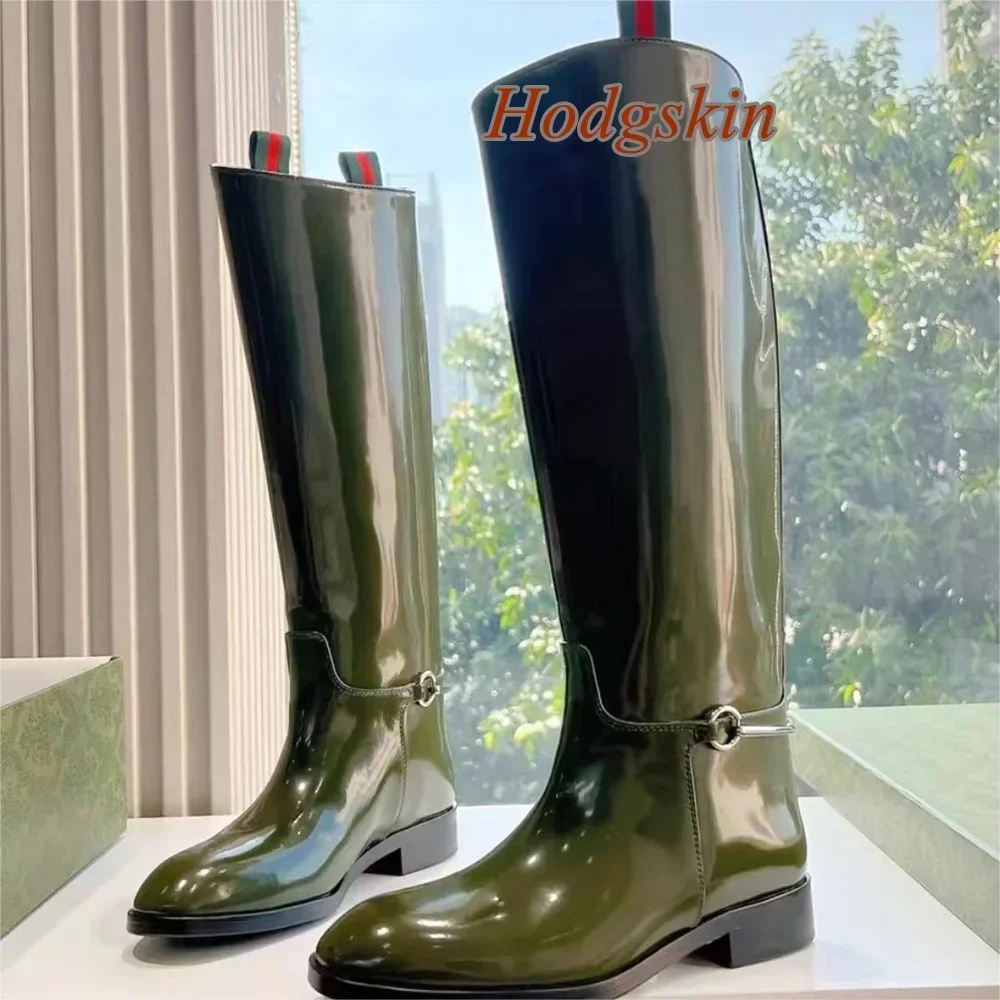 Solid Patent Leather Metal Boots Knee High Chunky Low Heel Slip On Round Toe Boots Fashion 2025 New Arrivals Casual Winter Boots