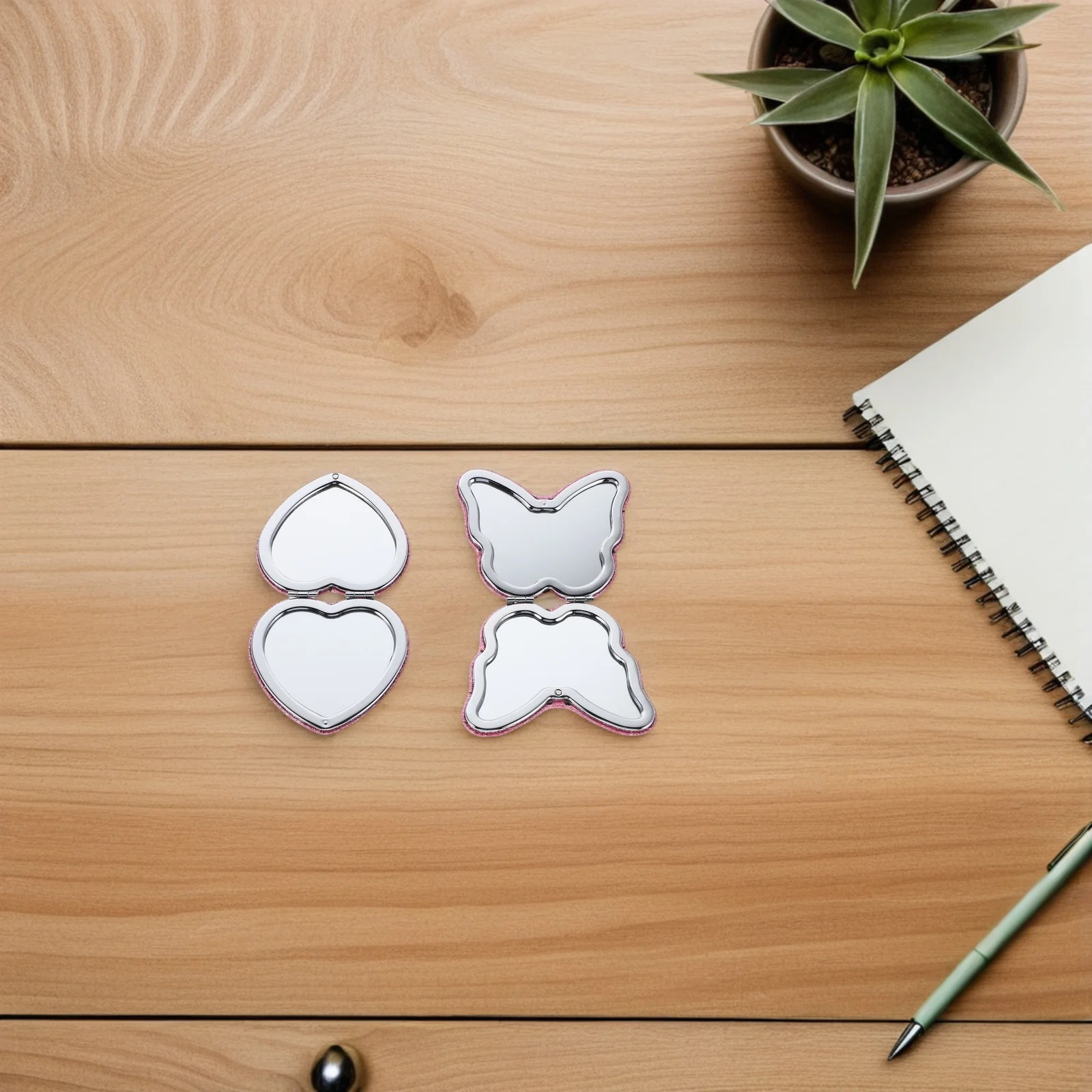 2 pçs espelho de bolso portátil compacto coração borboleta dobrável bonito dupla face espelho de maquiagem mini viagem vaidade