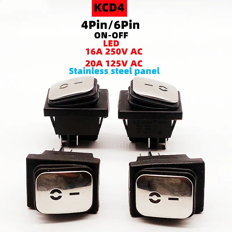 

KCD4 Stainless steel waterproof rocker switch ON-OFF4/6Pin electrical equipment switch with LED power supply 16A 250V/20A 125VAC