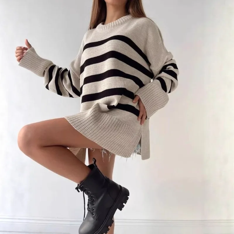 

Casual Women Round O Neck Stripe Slit Knitted Sweater Long Sleeve Loose Pullover Autumn Winter Knitwear Woman Jumpers Streetwear