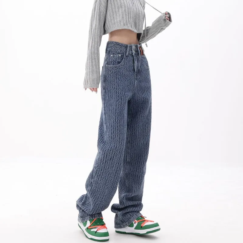 WCFCX STUDIO Y2k Style Vintage High Waist Jeans For Women Blue Braided Design Aesthetic Jeans Mujer Casual Comfy MoM Denim Pants