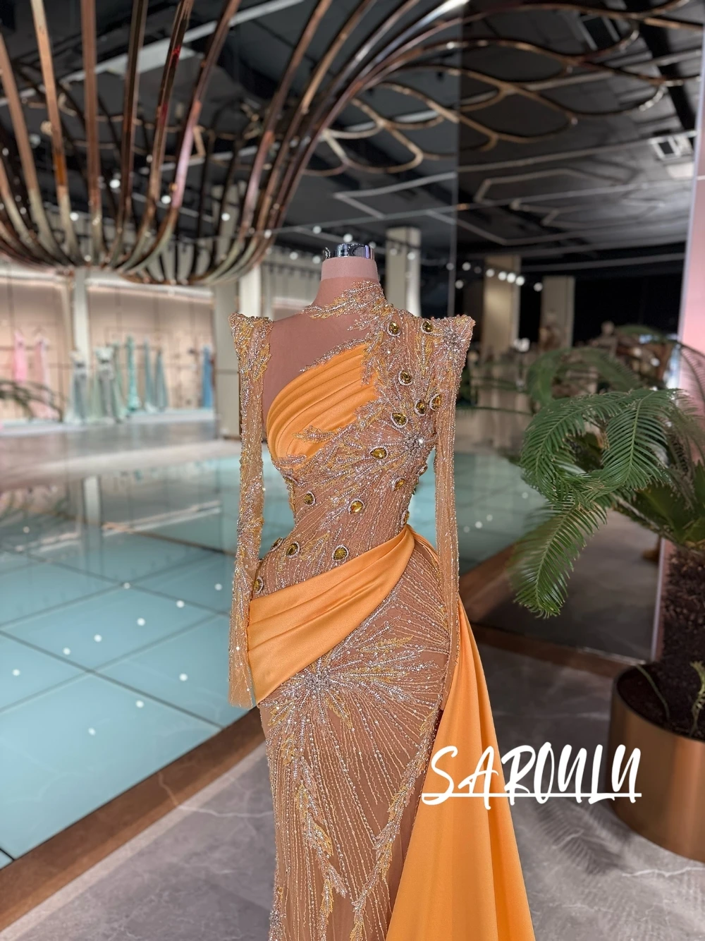 

Гламурное оранжевое шикарное вечернее платье с бисером и шлейфом, блестящие кристаллы, платье макси для выпускного вечера для гала-свадьбы, гостя по индивидуальному заказу