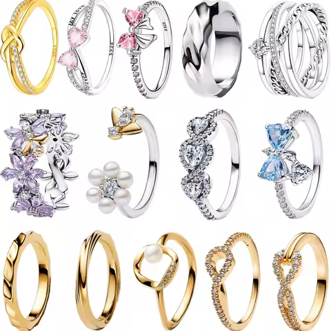 Original 925 Sterling Silver Ring Colorful Heart Crown Bow Bee Flower Crystal For Women Valentine's Birthday Gift DIY Jewelry