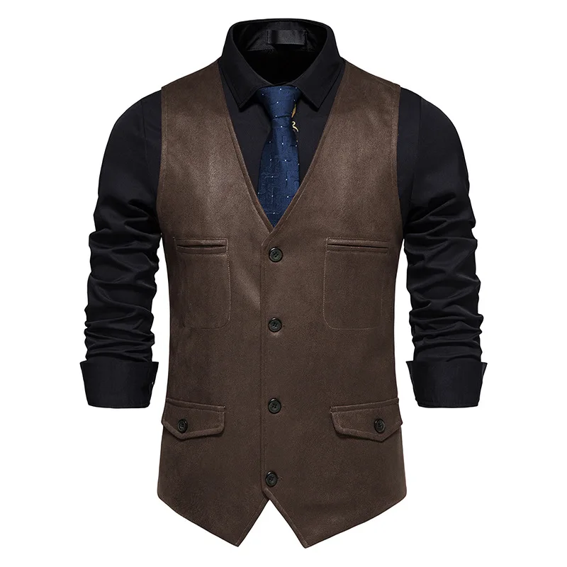 Vintage Coffee Suede Leather Suit Vest Men 2023 Brand Sleeveless Casual Western Vest Waistcoat Men Party Gilet Costume Homme XXL