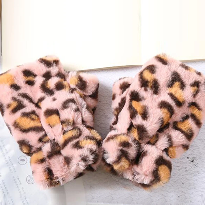 Womens Fashion Fingerless Gloves Leopard Printed Plush Fleece Glove Half Finger Mittens