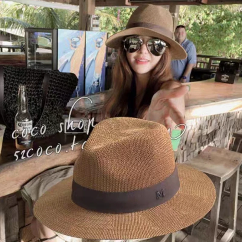 

UV New Ladies Men Fashion Letter M Straw Hat Sun Hat Panama Spring Casual Summer Beach Classic Straw Jazz Basin Hat Wholesale