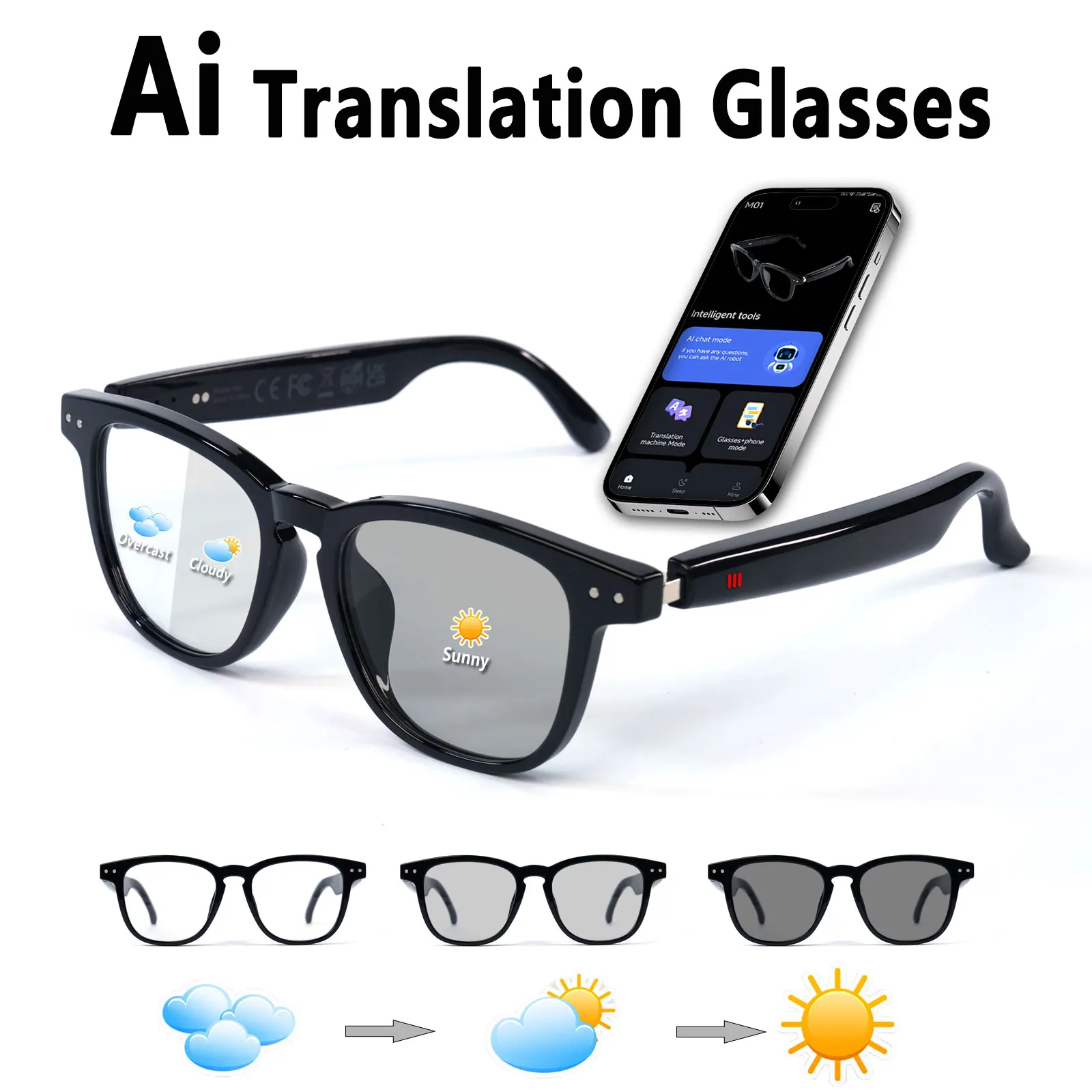 Lunettes audio intelligentes avec traduction en temps réel, lecture de musique Hi-Fi, appels vocaux à réduction de bruit et verres photochromiques