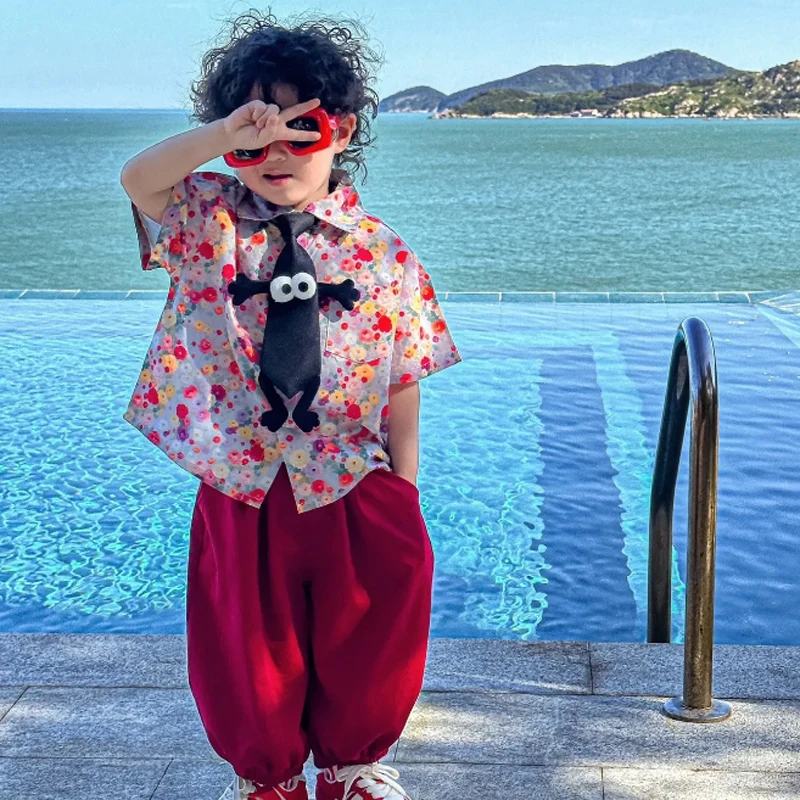 

2PCS set Summer Boys Clothing Wedding Red Set Floral Shirt Top+Pants Kid Children baby toddler Handsome Suits clothes 2-15 years