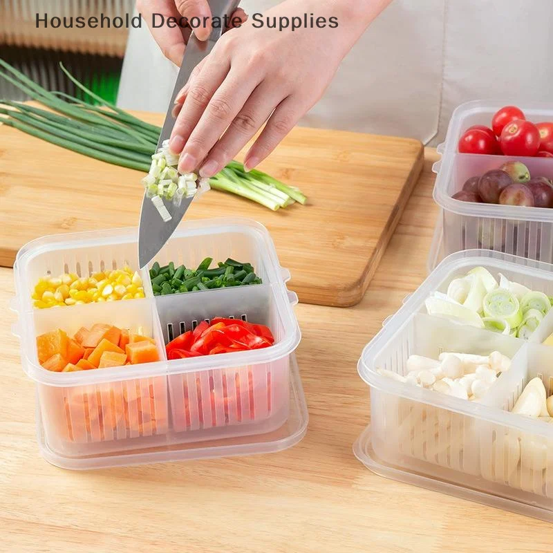 Refrigerator Storage Box 4 Grid Food Vegetable Fruit Storage Box Fridge Organizer Drain Basket Meat Onion Ginger Clear Crisper