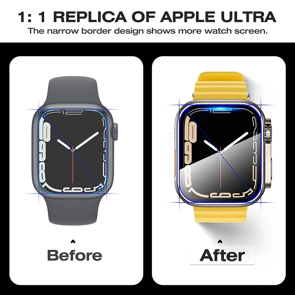 Screen Protector for Apple Watch Case 45mm 40mm 44mm 41mm 42mm 38mm PC Cover+Glass Film Change To Ultra Series 9 8 7 6 5 4 3 SE