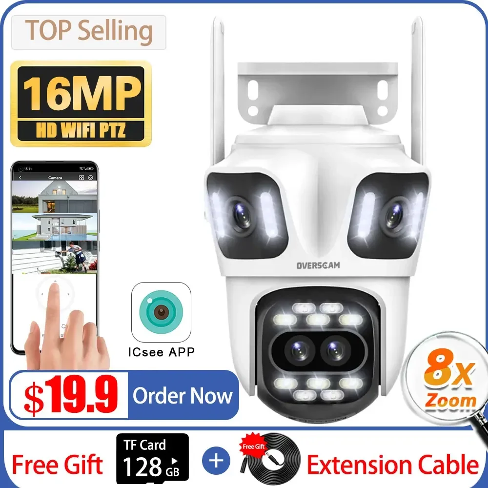 

16MP 8K Four Lens WiFi Surveillance IP Camera Outdoor 8X Hybrid Zoom IP PTZ Camera Auto Tracking 4 Screen Security Camera iCSee