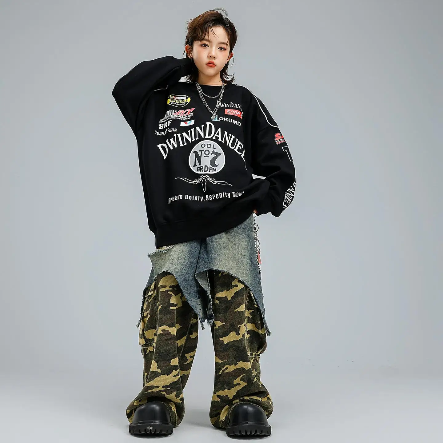 طفل Kpop الهيب هوب الملابس السوداء خطابات البلوز كامو الدنيم المرقعة ممزق السراويل لفتاة صبي الشارع أزياء رقص الملابس #1