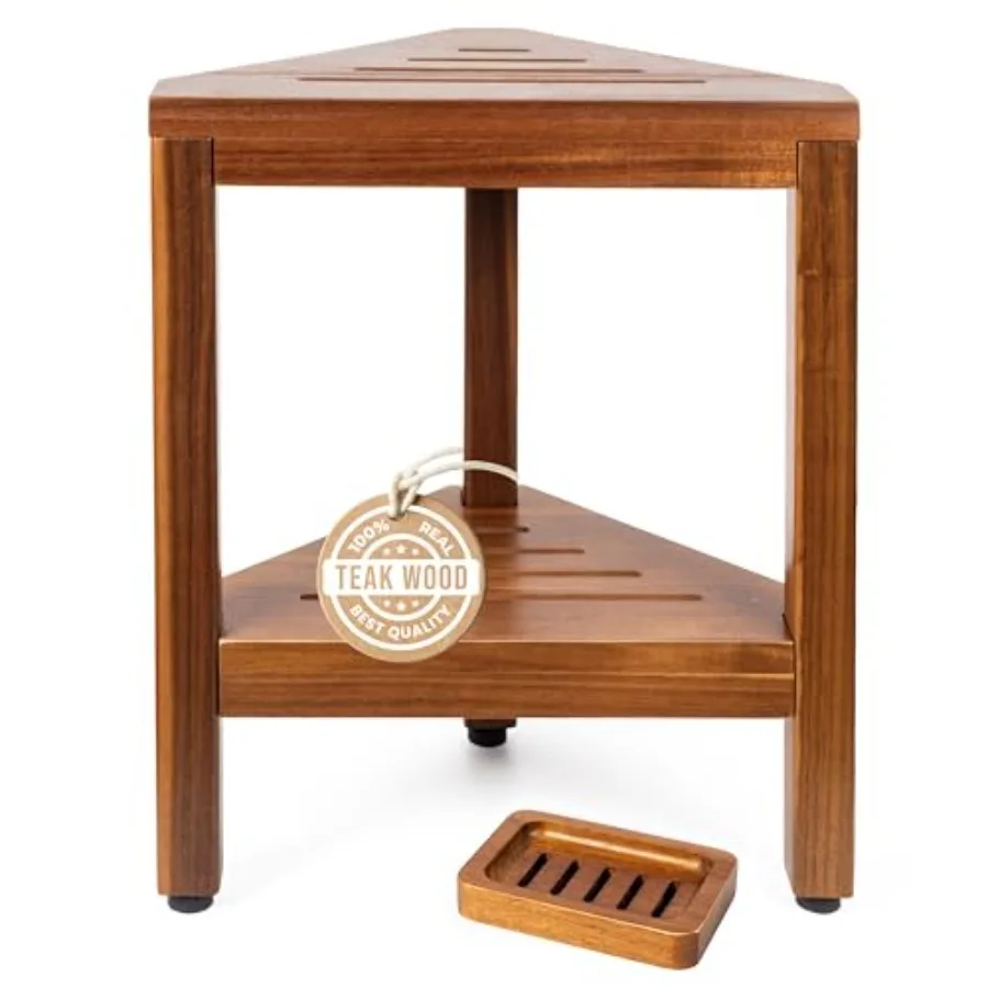 

Teak Corner Shower Bench with Matching Soap Holder - Sturdy Waterproof Bathroom Stool Chair with Storage Shelf for Bathing Supp