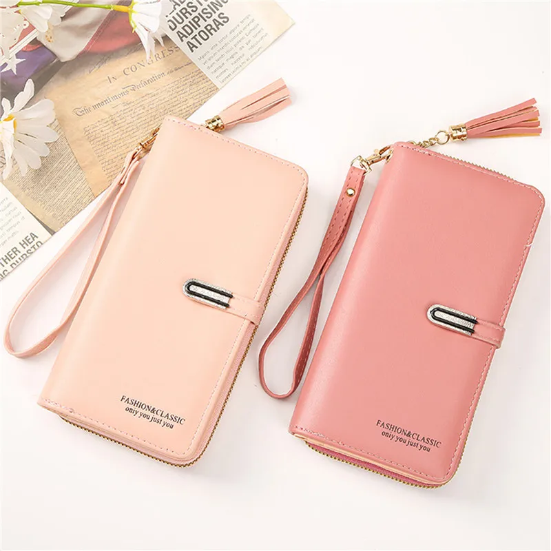 

Women Wallets PU Leather Card Holder Luxury Long Fold-over Pattern Coin Purses Solid Colors Money Bag Zipper Billfold Wallet