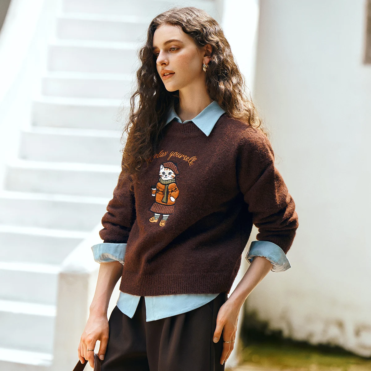 OLrain カジュアル長袖セーター 2025 秋の新楽しい刺繍ニットセーター O ネック通勤女性服 O57QZ001310