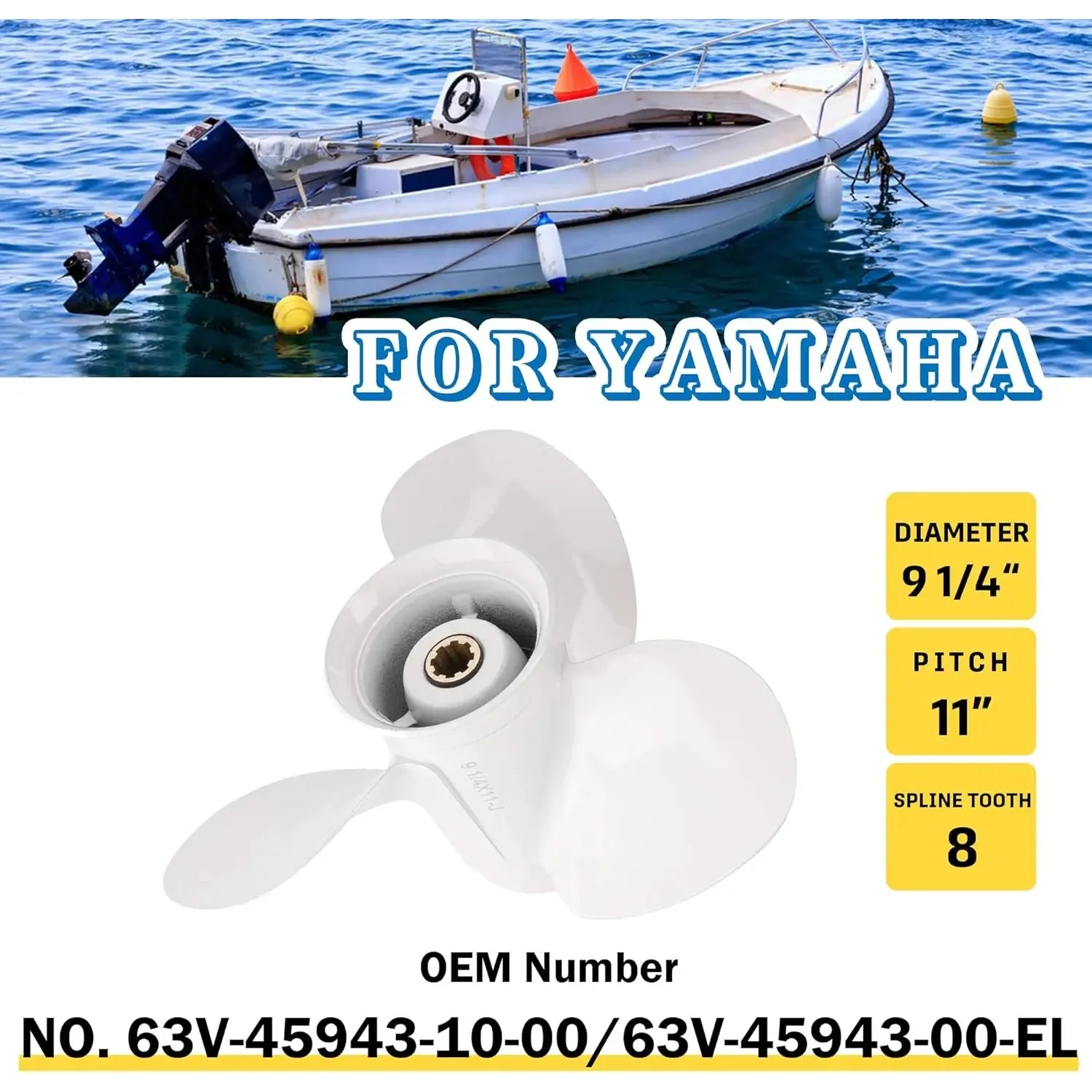 9 1/4x11-J Aluminum Alloy Boat Propeller for Yamaha 9.9HP 15HP Outboard Motor 63V-45943-10-00/EL 9.25x11 8 Spline Tooth